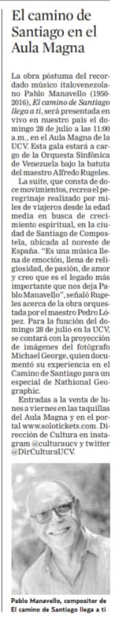 Artículo de prensa del concierto de "El Camino de Santiago llega a ti" en Caracas, julio 2019